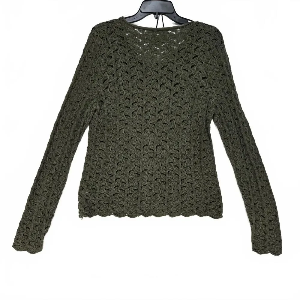 Charter Club Olive Green Cotton Pointelle Knit Sweater L V-Neck Scalloped Boho - Picture 2 of 8